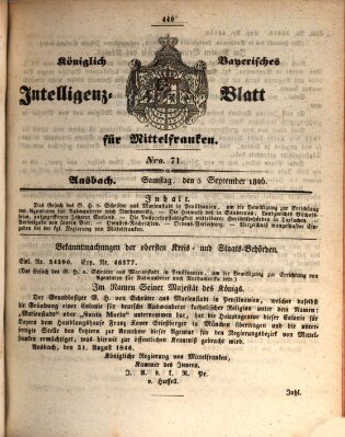Königlich Bayerisches Intelligenzblatt für Mittelfranken (Ansbacher Intelligenz-Zeitung) Samstag 5. September 1846