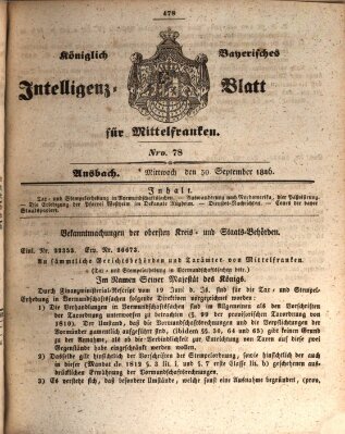 Königlich Bayerisches Intelligenzblatt für Mittelfranken (Ansbacher Intelligenz-Zeitung) Mittwoch 30. September 1846