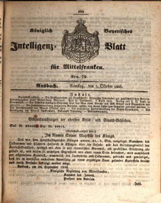 Königlich Bayerisches Intelligenzblatt für Mittelfranken (Ansbacher Intelligenz-Zeitung) Samstag 3. Oktober 1846