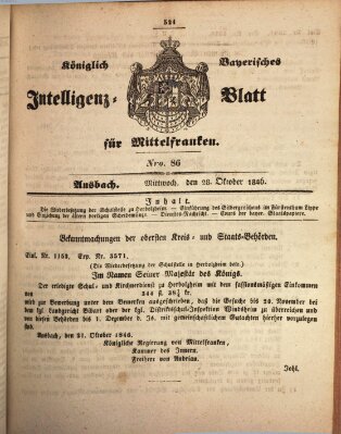 Königlich Bayerisches Intelligenzblatt für Mittelfranken (Ansbacher Intelligenz-Zeitung) Mittwoch 28. Oktober 1846