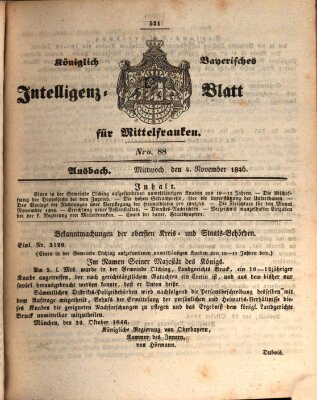 Königlich Bayerisches Intelligenzblatt für Mittelfranken (Ansbacher Intelligenz-Zeitung) Mittwoch 4. November 1846