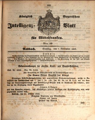 Königlich Bayerisches Intelligenzblatt für Mittelfranken (Ansbacher Intelligenz-Zeitung) Samstag 7. November 1846