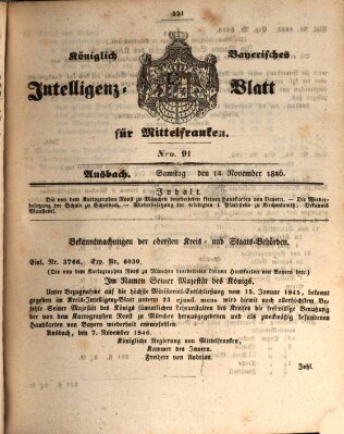 Königlich Bayerisches Intelligenzblatt für Mittelfranken (Ansbacher Intelligenz-Zeitung) Samstag 14. November 1846