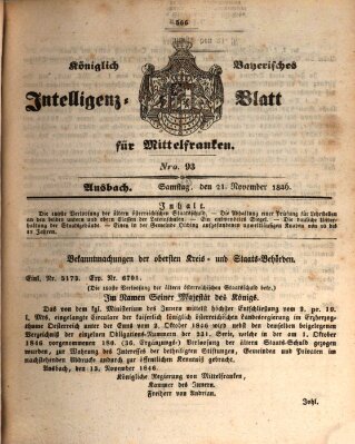 Königlich Bayerisches Intelligenzblatt für Mittelfranken (Ansbacher Intelligenz-Zeitung) Samstag 21. November 1846