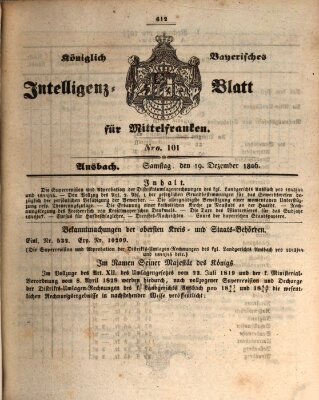 Königlich Bayerisches Intelligenzblatt für Mittelfranken (Ansbacher Intelligenz-Zeitung) Samstag 19. Dezember 1846