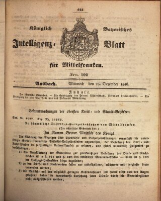 Königlich Bayerisches Intelligenzblatt für Mittelfranken (Ansbacher Intelligenz-Zeitung) Mittwoch 23. Dezember 1846