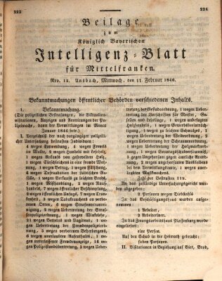 Königlich Bayerisches Intelligenzblatt für Mittelfranken (Ansbacher Intelligenz-Zeitung) Mittwoch 11. Februar 1846