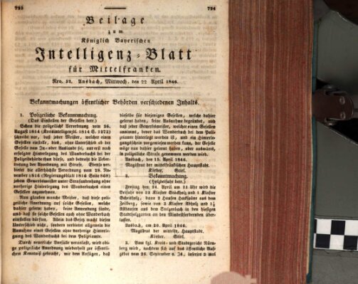 Königlich Bayerisches Intelligenzblatt für Mittelfranken (Ansbacher Intelligenz-Zeitung) Wednesday 22. April 1846