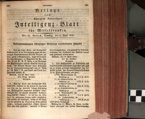 Königlich Bayerisches Intelligenzblatt für Mittelfranken (Ansbacher Intelligenz-Zeitung) Samstag 25. April 1846