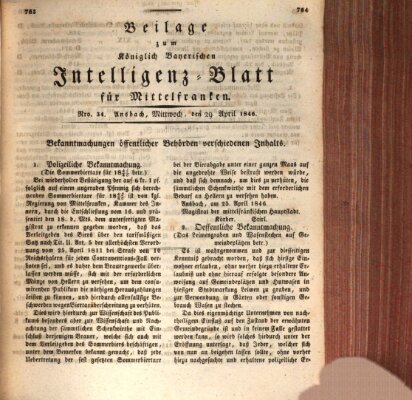 Königlich Bayerisches Intelligenzblatt für Mittelfranken (Ansbacher Intelligenz-Zeitung) Mittwoch 29. April 1846