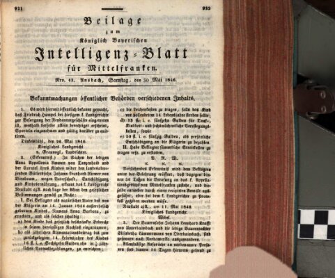 Königlich Bayerisches Intelligenzblatt für Mittelfranken (Ansbacher Intelligenz-Zeitung) Samstag 30. Mai 1846