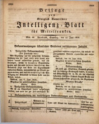 Königlich Bayerisches Intelligenzblatt für Mittelfranken (Ansbacher Intelligenz-Zeitung) Samstag 20. Juni 1846