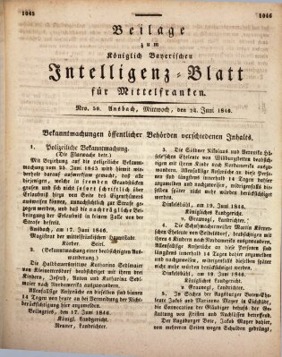 Königlich Bayerisches Intelligenzblatt für Mittelfranken (Ansbacher Intelligenz-Zeitung) Mittwoch 24. Juni 1846