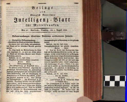 Königlich Bayerisches Intelligenzblatt für Mittelfranken (Ansbacher Intelligenz-Zeitung) Samstag 1. August 1846