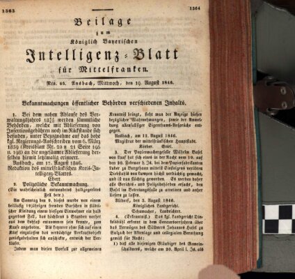 Königlich Bayerisches Intelligenzblatt für Mittelfranken (Ansbacher Intelligenz-Zeitung) Mittwoch 19. August 1846