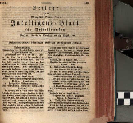 Königlich Bayerisches Intelligenzblatt für Mittelfranken (Ansbacher Intelligenz-Zeitung) Samstag 22. August 1846