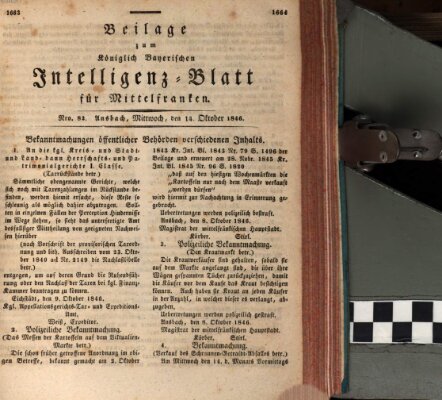 Königlich Bayerisches Intelligenzblatt für Mittelfranken (Ansbacher Intelligenz-Zeitung) Mittwoch 14. Oktober 1846