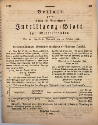 Königlich Bayerisches Intelligenzblatt für Mittelfranken (Ansbacher Intelligenz-Zeitung) Mittwoch 21. Oktober 1846