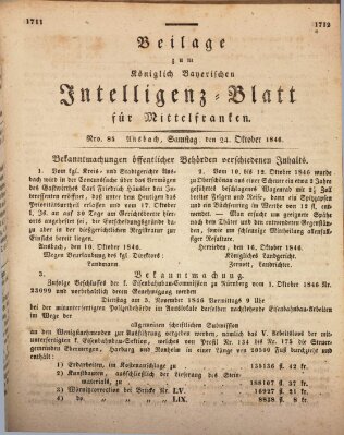 Königlich Bayerisches Intelligenzblatt für Mittelfranken (Ansbacher Intelligenz-Zeitung) Samstag 24. Oktober 1846