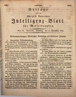 Königlich Bayerisches Intelligenzblatt für Mittelfranken (Ansbacher Intelligenz-Zeitung) Samstag 21. November 1846