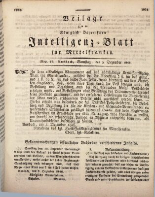 Königlich Bayerisches Intelligenzblatt für Mittelfranken (Ansbacher Intelligenz-Zeitung) Samstag 5. Dezember 1846