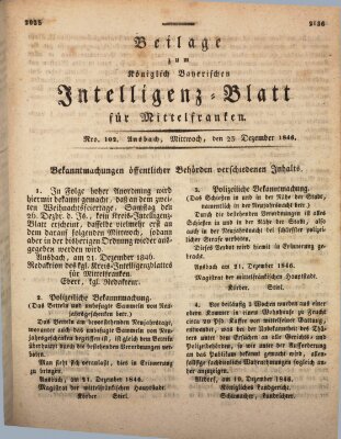 Königlich Bayerisches Intelligenzblatt für Mittelfranken (Ansbacher Intelligenz-Zeitung) Mittwoch 23. Dezember 1846