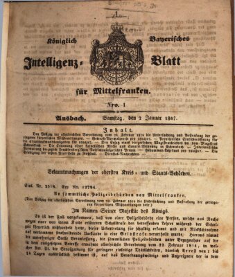 Königlich Bayerisches Intelligenzblatt für Mittelfranken (Ansbacher Intelligenz-Zeitung) Samstag 2. Januar 1847