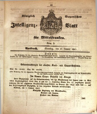 Königlich Bayerisches Intelligenzblatt für Mittelfranken (Ansbacher Intelligenz-Zeitung) Samstag 16. Januar 1847