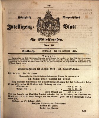 Königlich Bayerisches Intelligenzblatt für Mittelfranken (Ansbacher Intelligenz-Zeitung) Mittwoch 24. Februar 1847