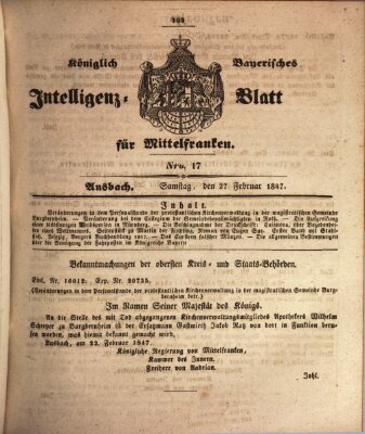 Königlich Bayerisches Intelligenzblatt für Mittelfranken (Ansbacher Intelligenz-Zeitung) Samstag 27. Februar 1847