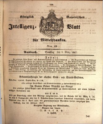 Königlich Bayerisches Intelligenzblatt für Mittelfranken (Ansbacher Intelligenz-Zeitung) Samstag 6. März 1847