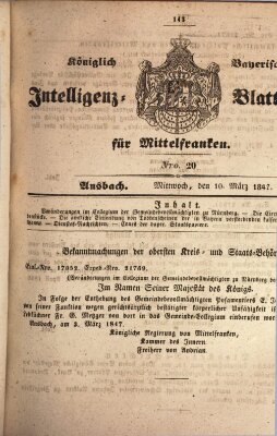 Königlich Bayerisches Intelligenzblatt für Mittelfranken (Ansbacher Intelligenz-Zeitung) Mittwoch 10. März 1847