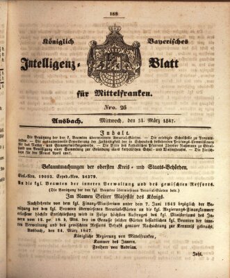 Königlich Bayerisches Intelligenzblatt für Mittelfranken (Ansbacher Intelligenz-Zeitung) Mittwoch 31. März 1847