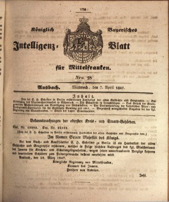 Königlich Bayerisches Intelligenzblatt für Mittelfranken (Ansbacher Intelligenz-Zeitung) Mittwoch 7. April 1847