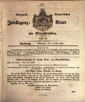 Königlich Bayerisches Intelligenzblatt für Mittelfranken (Ansbacher Intelligenz-Zeitung) Mittwoch 19. Mai 1847