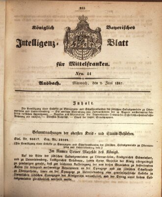 Königlich Bayerisches Intelligenzblatt für Mittelfranken (Ansbacher Intelligenz-Zeitung) Mittwoch 2. Juni 1847