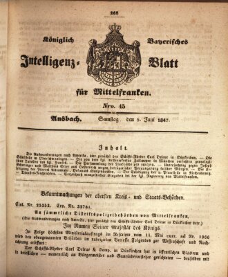 Königlich Bayerisches Intelligenzblatt für Mittelfranken (Ansbacher Intelligenz-Zeitung) Samstag 5. Juni 1847