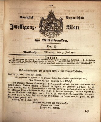 Königlich Bayerisches Intelligenzblatt für Mittelfranken (Ansbacher Intelligenz-Zeitung) Mittwoch 9. Juni 1847