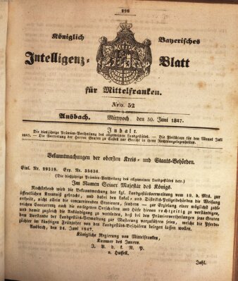 Königlich Bayerisches Intelligenzblatt für Mittelfranken (Ansbacher Intelligenz-Zeitung) Mittwoch 30. Juni 1847