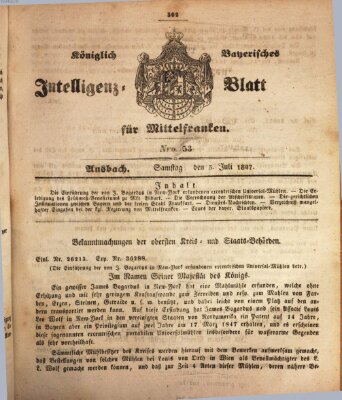 Königlich Bayerisches Intelligenzblatt für Mittelfranken (Ansbacher Intelligenz-Zeitung) Samstag 3. Juli 1847