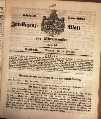 Königlich Bayerisches Intelligenzblatt für Mittelfranken (Ansbacher Intelligenz-Zeitung) Mittwoch 14. Juli 1847