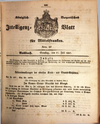 Königlich Bayerisches Intelligenzblatt für Mittelfranken (Ansbacher Intelligenz-Zeitung) Samstag 17. Juli 1847