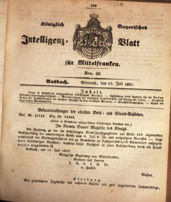 Königlich Bayerisches Intelligenzblatt für Mittelfranken (Ansbacher Intelligenz-Zeitung) Mittwoch 21. Juli 1847