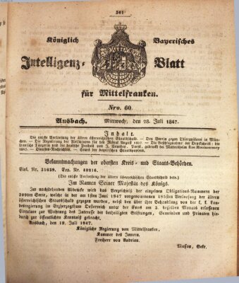 Königlich Bayerisches Intelligenzblatt für Mittelfranken (Ansbacher Intelligenz-Zeitung) Mittwoch 28. Juli 1847