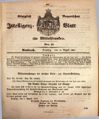 Königlich Bayerisches Intelligenzblatt für Mittelfranken (Ansbacher Intelligenz-Zeitung) Samstag 14. August 1847