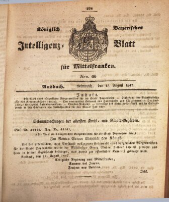 Königlich Bayerisches Intelligenzblatt für Mittelfranken (Ansbacher Intelligenz-Zeitung) Mittwoch 18. August 1847