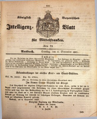 Königlich Bayerisches Intelligenzblatt für Mittelfranken (Ansbacher Intelligenz-Zeitung) Samstag 11. September 1847