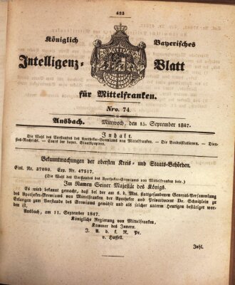 Königlich Bayerisches Intelligenzblatt für Mittelfranken (Ansbacher Intelligenz-Zeitung) Mittwoch 15. September 1847