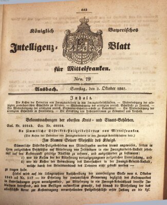 Königlich Bayerisches Intelligenzblatt für Mittelfranken (Ansbacher Intelligenz-Zeitung) Samstag 2. Oktober 1847