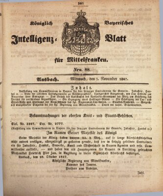 Königlich Bayerisches Intelligenzblatt für Mittelfranken (Ansbacher Intelligenz-Zeitung) Mittwoch 3. November 1847